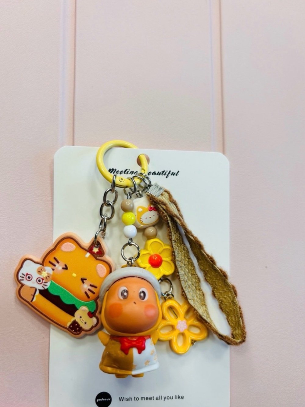 Yellow Cute Animal Charm Keychain with Flower Accents